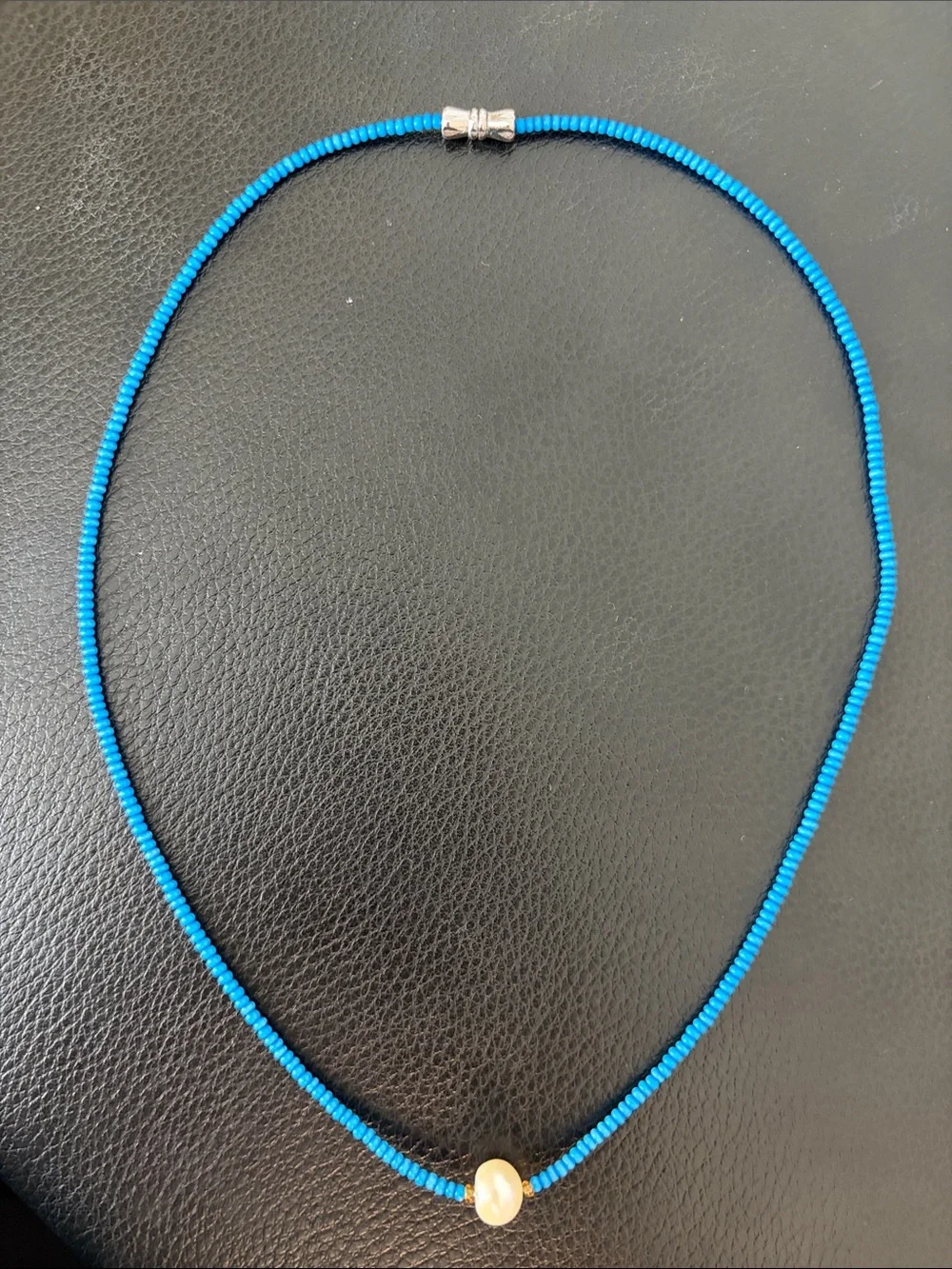 Blue Beaded Necklace with Pearl Accent